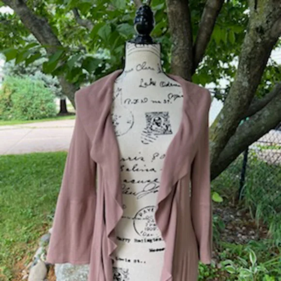 KENAR BOHO COASTAL GRANNY RUFFLED SWEATER WRAP MEDIUM MOCHA - Picture 15 of 17